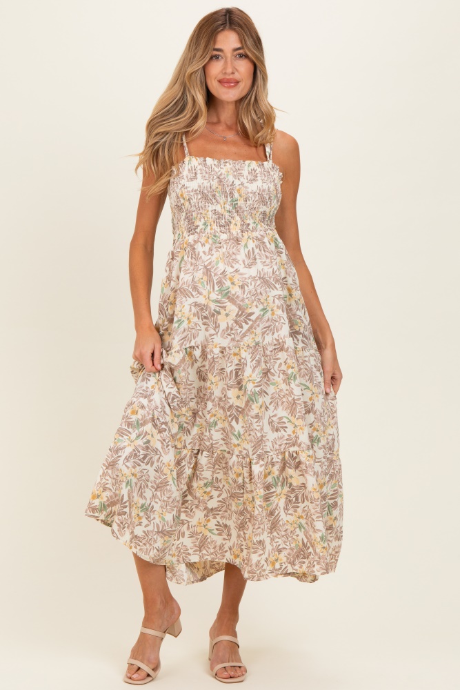 Cream Floral Shoulder Tie Tiered Maternity Maxi Dress  PinkBlush