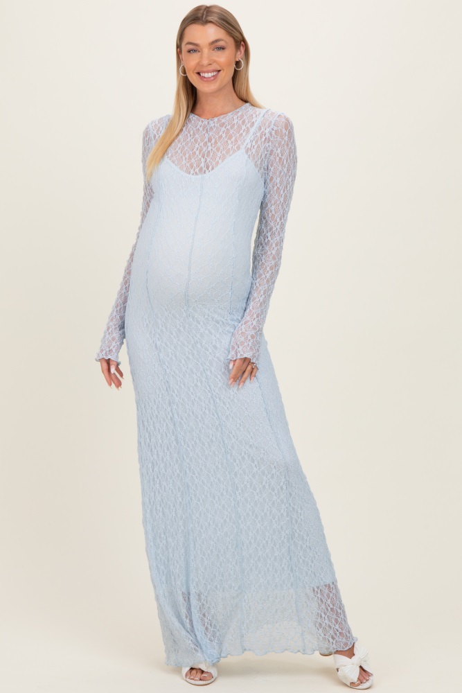 Light Blue Rib Knit Side Slit Maternity Maxi Dress  PinkBlush