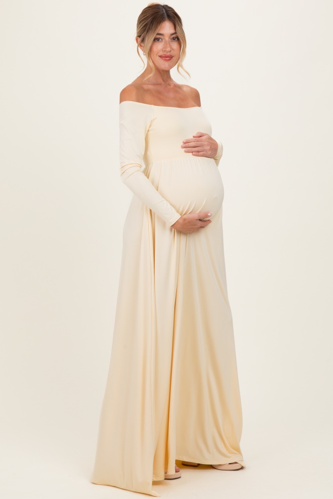 yellow off the shoulder maternity dress Yellow Off Shoulder Maternity Maxi Dress