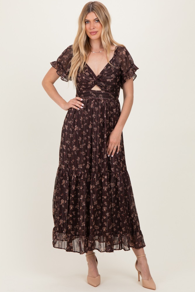princess polly baby blue dress Brown Polka Dot Cutout Off-Shoulder Dress main image 1