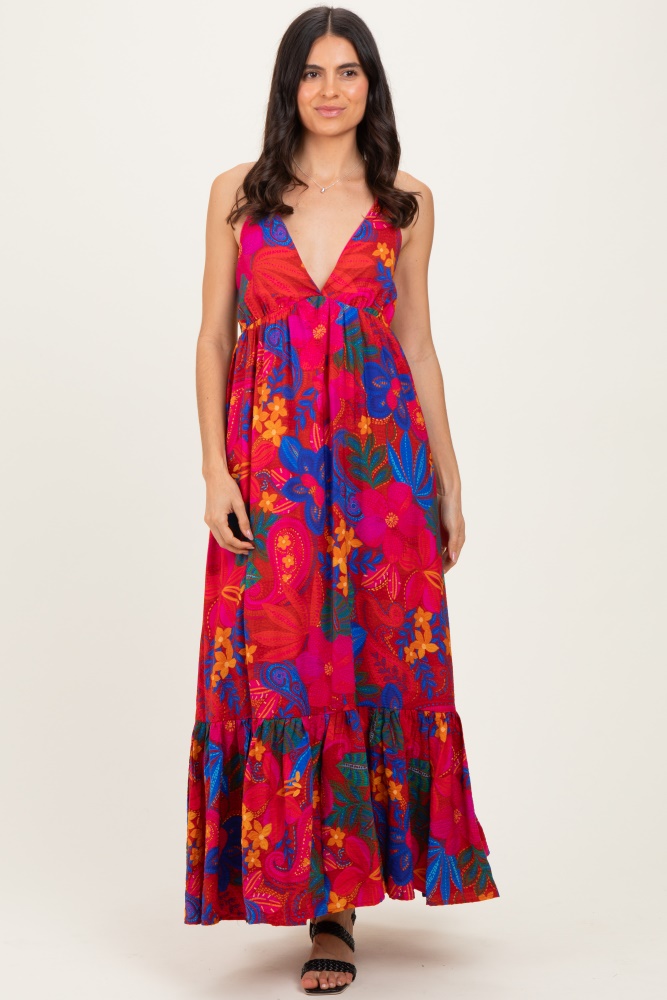 Burgundy Floral Chiffon V-Neck Long Sleeve Maxi Dress  PinkBlush