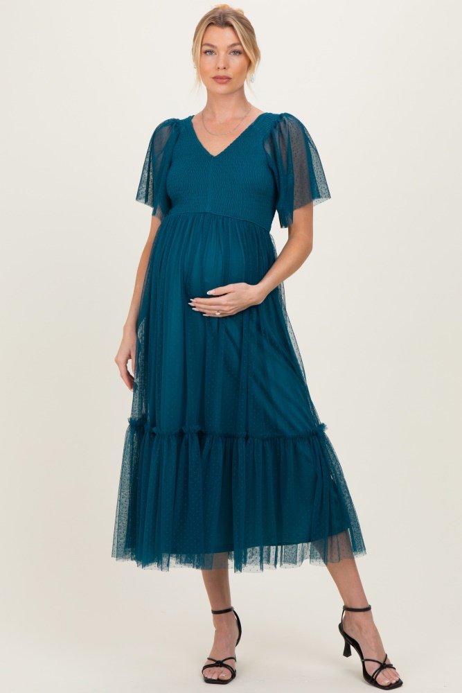 Teal Lace Off Shoulder Maternity Photoshoot Gown/Dress  PinkBlush