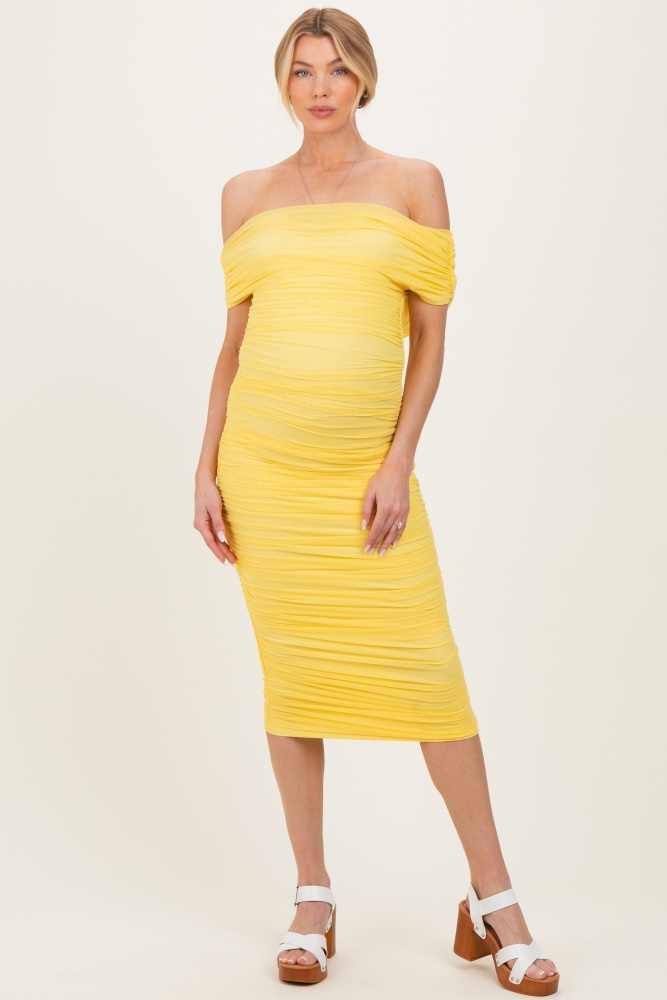 Yellow Mesh Ruched Off Shoulder Maternity Fitted Dress  PinkBlush