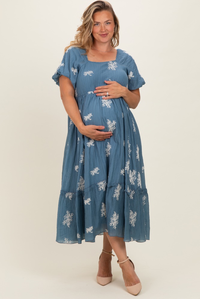 Blue Round Neck Ribbed Top Plus Maternity Midi Dress  PinkBlush