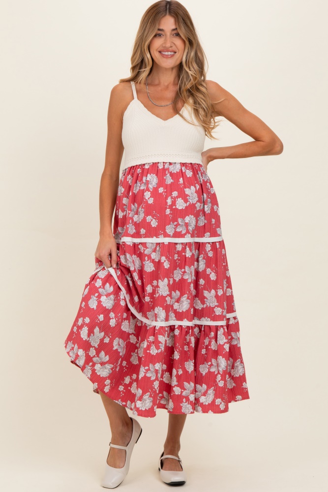 Burgundy Floral Short Sleeve Wrap Hi-Low Maternity Maxi Dress  PinkBlush