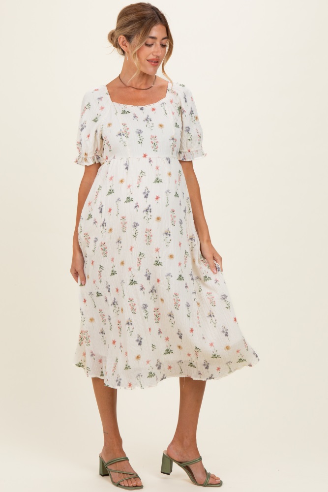 beige chiffon printed square neck empire maternity maxi dress Cream Floral Square Neck Ruffle Maternity Maxi Dress – PinkBlush main image 1