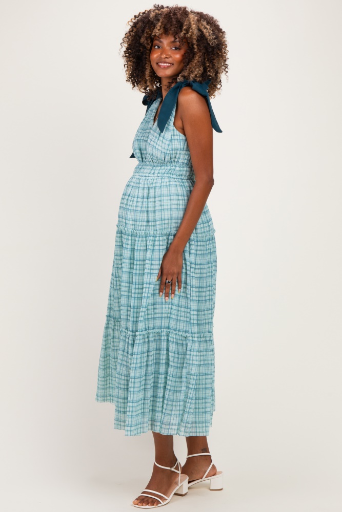 Light Blue Plaid Shoulder Tie Maternity Dress – PinkBlush