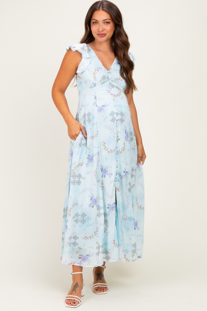 blue floral sleeveless chiffon tiered midi dress Blue Coast Sleeveless Halter Chiffon Midi Tiered Dress