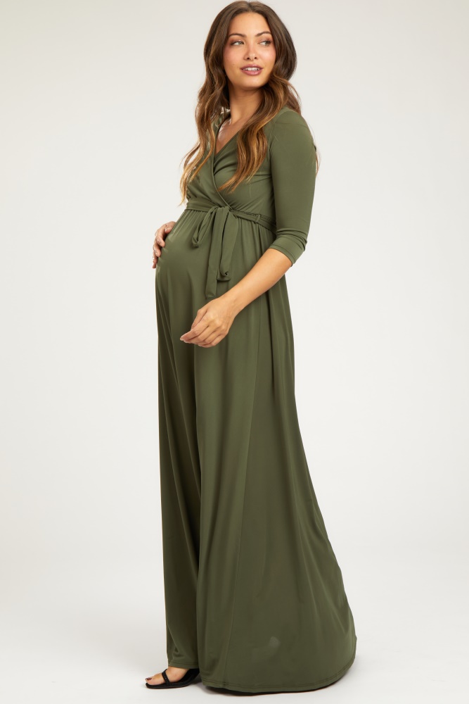 pinkblush olive green draped 3/4 sleeve maternity maxi dress