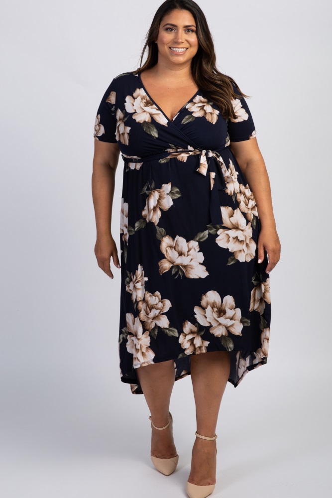 navy blue floral wrap dress