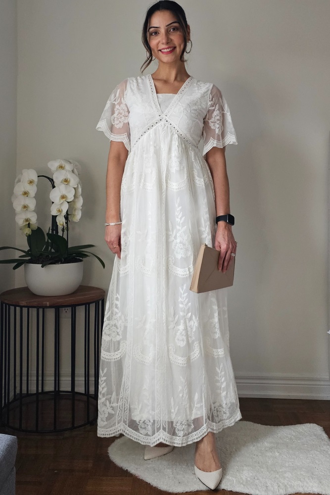 knee length dresses for ladies Rosee de Matin Lace High-Neck Maxi Dress in White main image 0