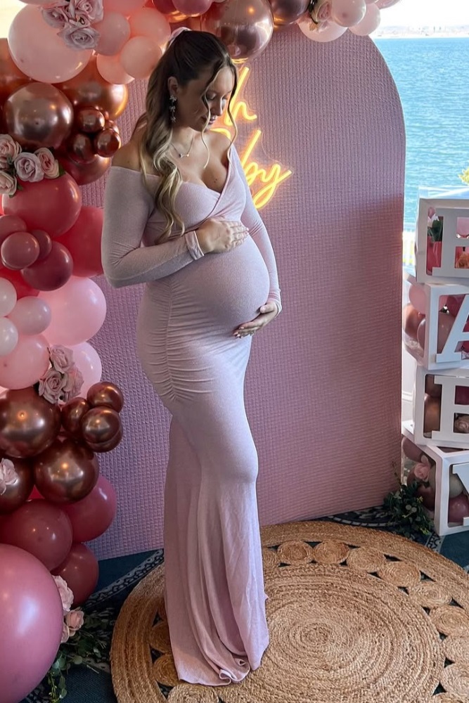 Pinkblush Maternity Pink Metallic Off Shoulder Long Sleeve Wrap Photoshoot Gown/Dress - Light Pink