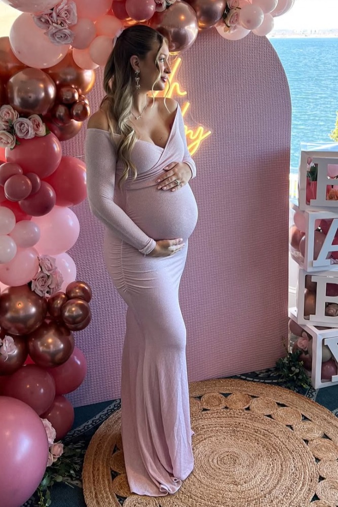 sleeveless women's light pink off the shoulder dress for pregnant Luxe Knit in | Maternity Dresses while the smooth front side tummy gathers provide space for your growing bump. sleeveless women's light pink off