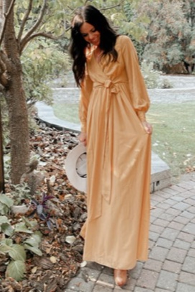 Yellow Chiffon Long Sleeve Pleated Maxi Dress  PinkBlush