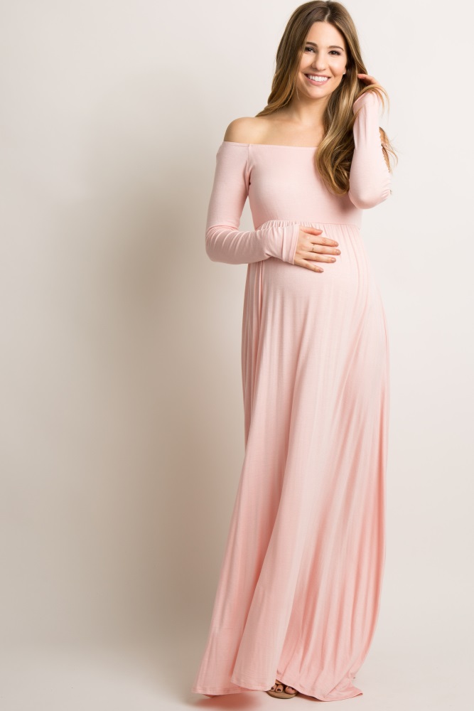 PinkBlush Pink Metallic Off Shoulder Long Sleeve Wrap Maternity Photos