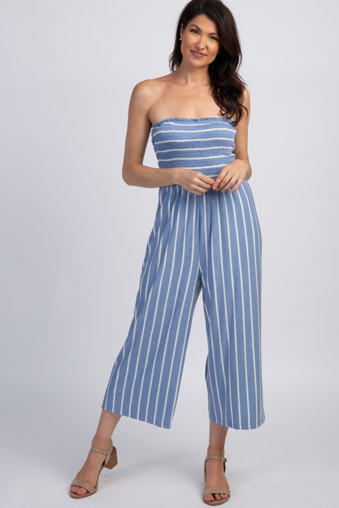 smocked strapless jumpsuit
