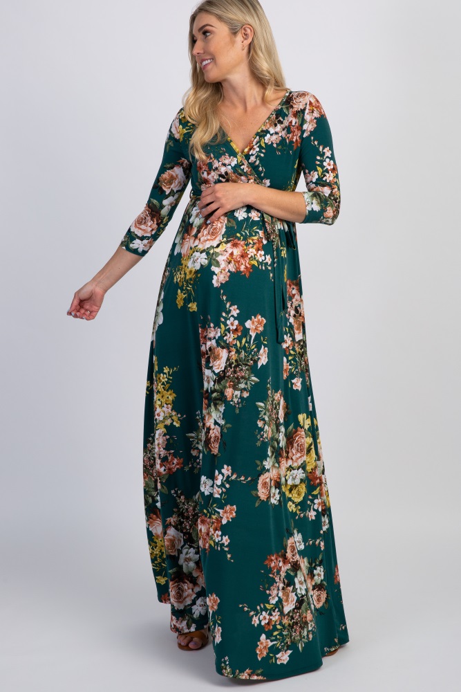 pinkblush green rose print sash tie maternity maxi dress