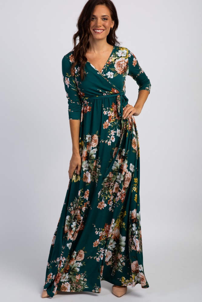 pinkblush green rose print sash tie maxi dress