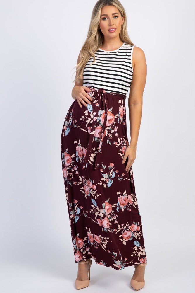 striped top floral bottom maxi dress