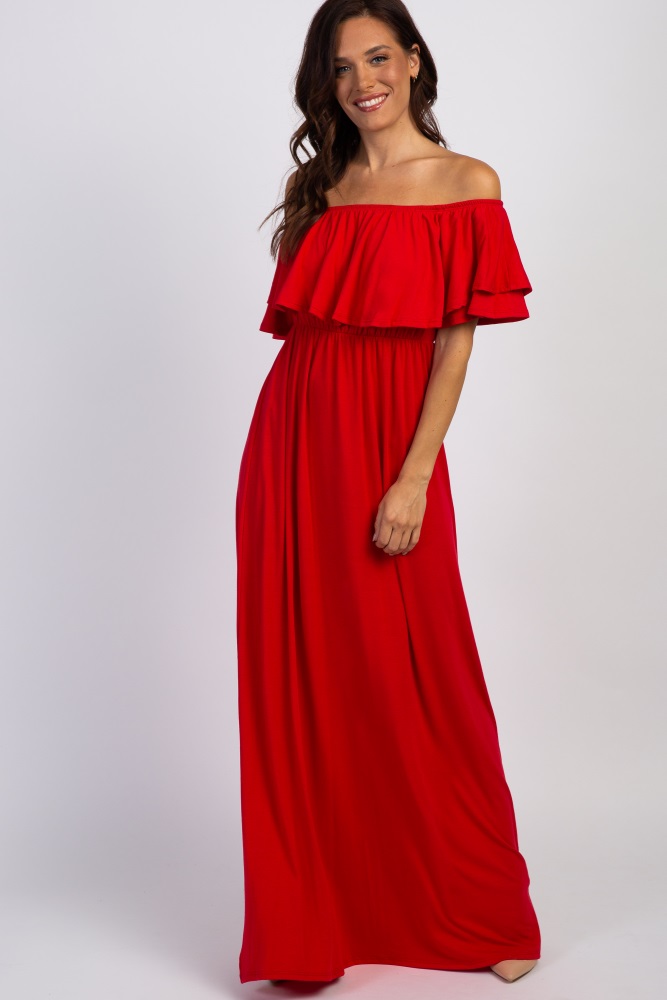 red off the shoulder maxi dress