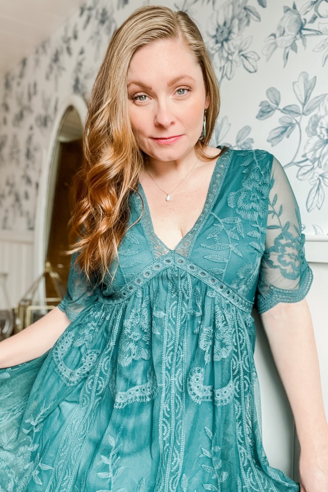 lace dress turquoise Plus-Size Turquoise Lace Bell Sleeve Formal Dress| Italian Dresses 50/ US 14 / Green