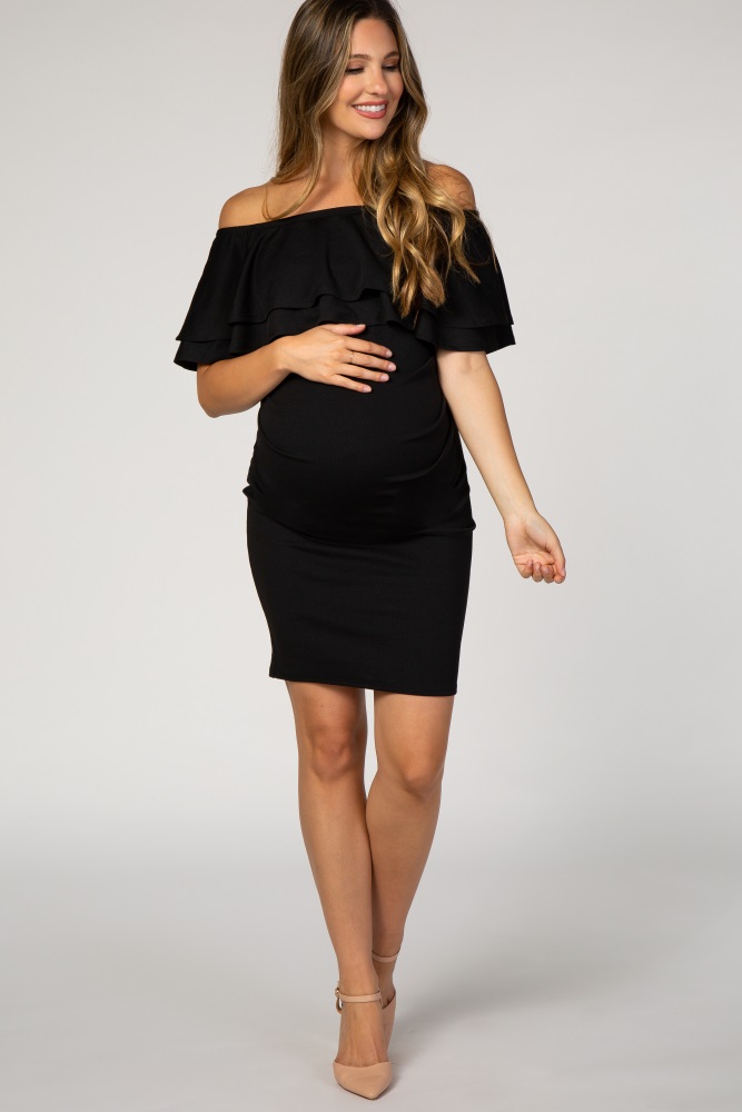 black off shoulder ruched maternity dress