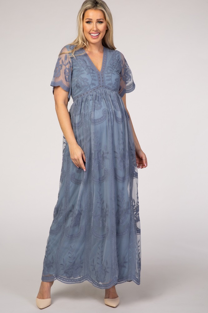 lace mesh overlay maternity maxi dress