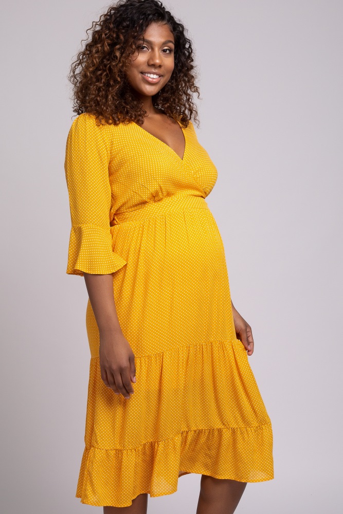mustard polka dot wrap dress