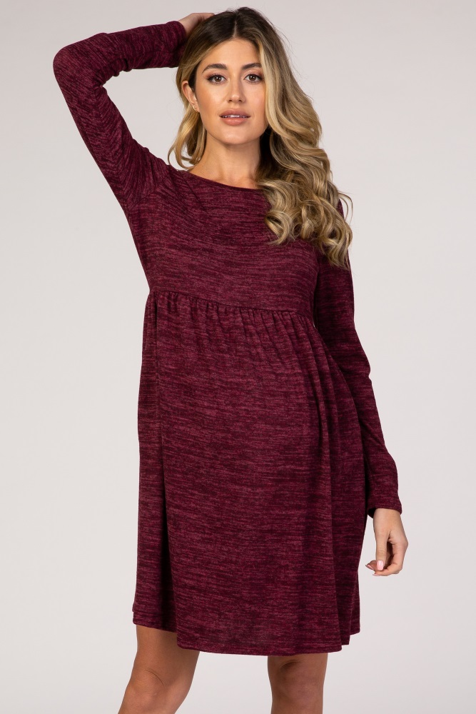 burgundy heathered long sleeve knit maternity dress