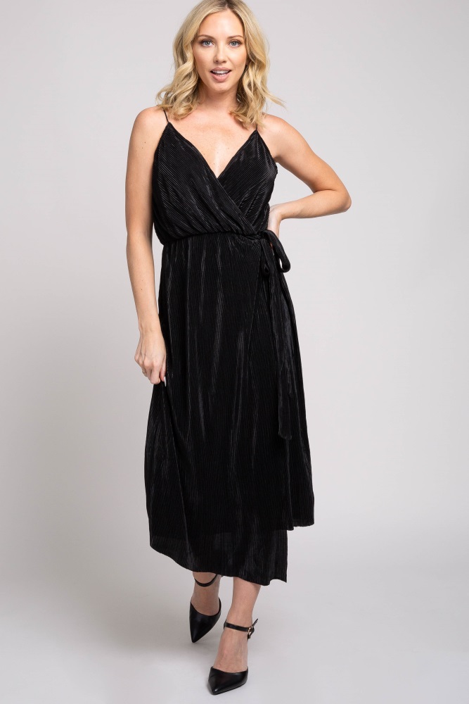 black sleeveless wrap dress
