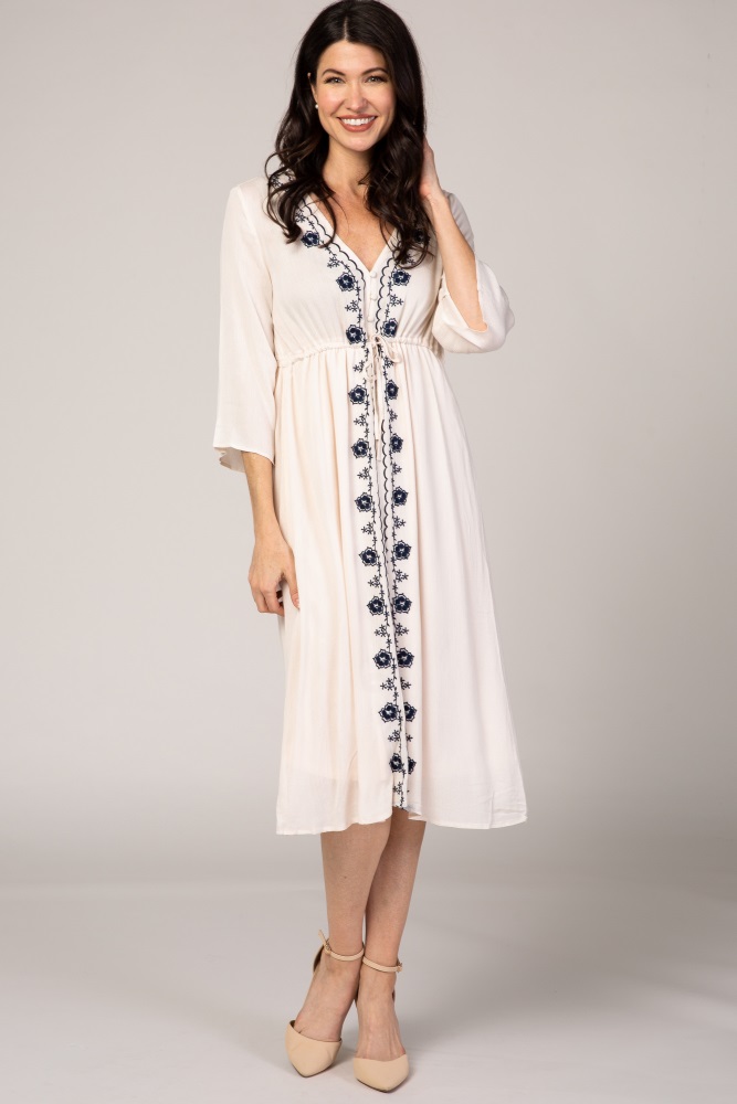 beige floral embroidered 3/4 sleeve midi dress