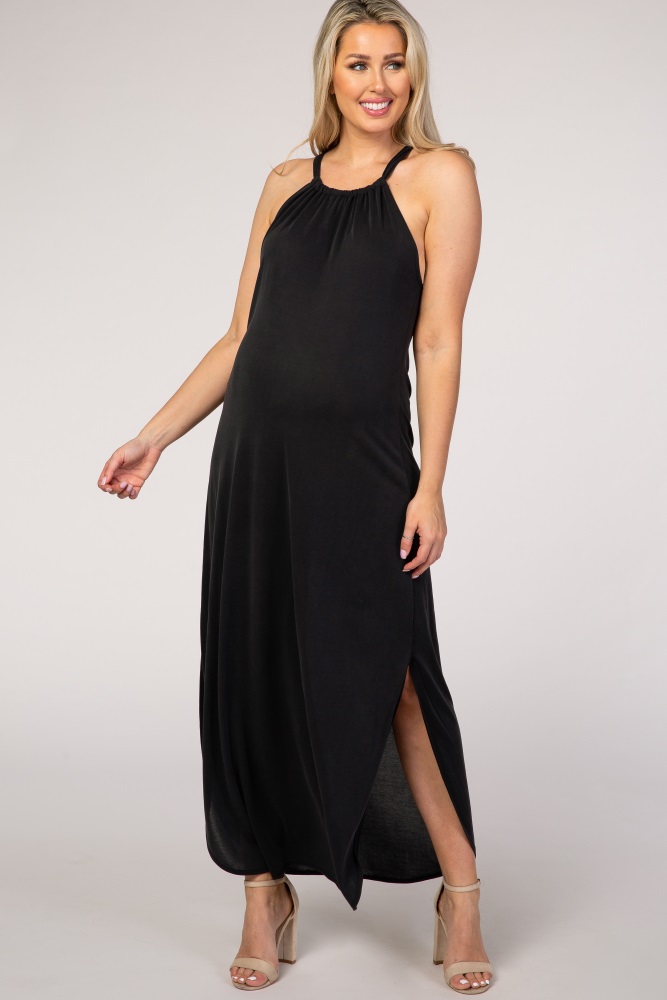 black high neck midi dress