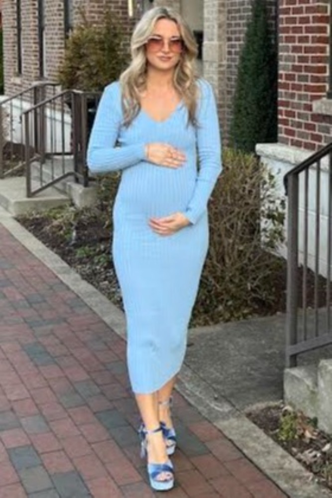 Pinkblush Light Blue V-Neck Long Sleeve Fitted Maternity Maxi Dress