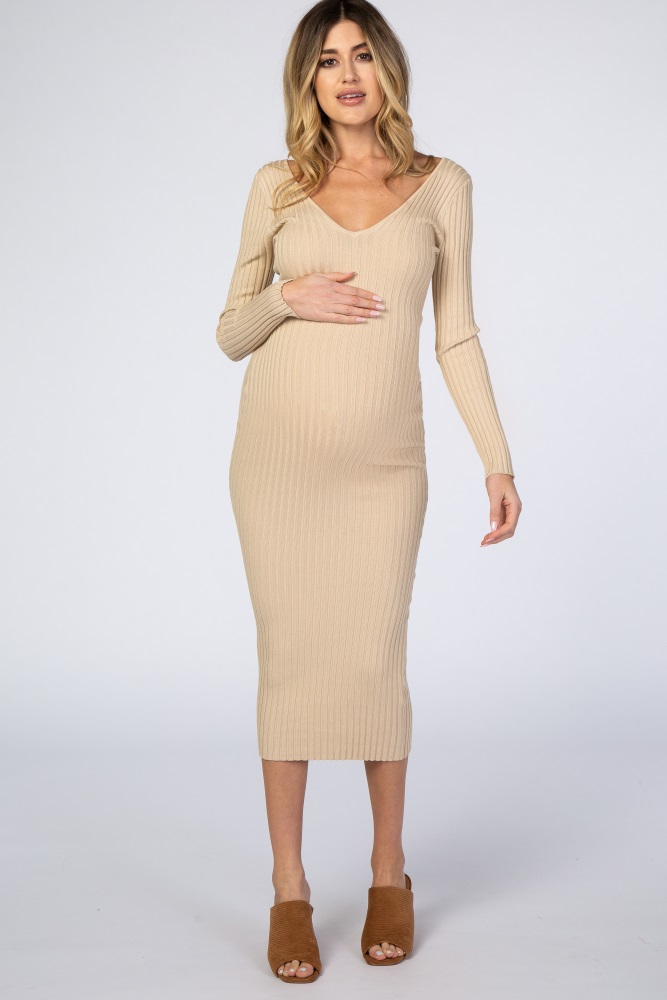 taupe v-neck long sleeve fitted maternity maxi dress