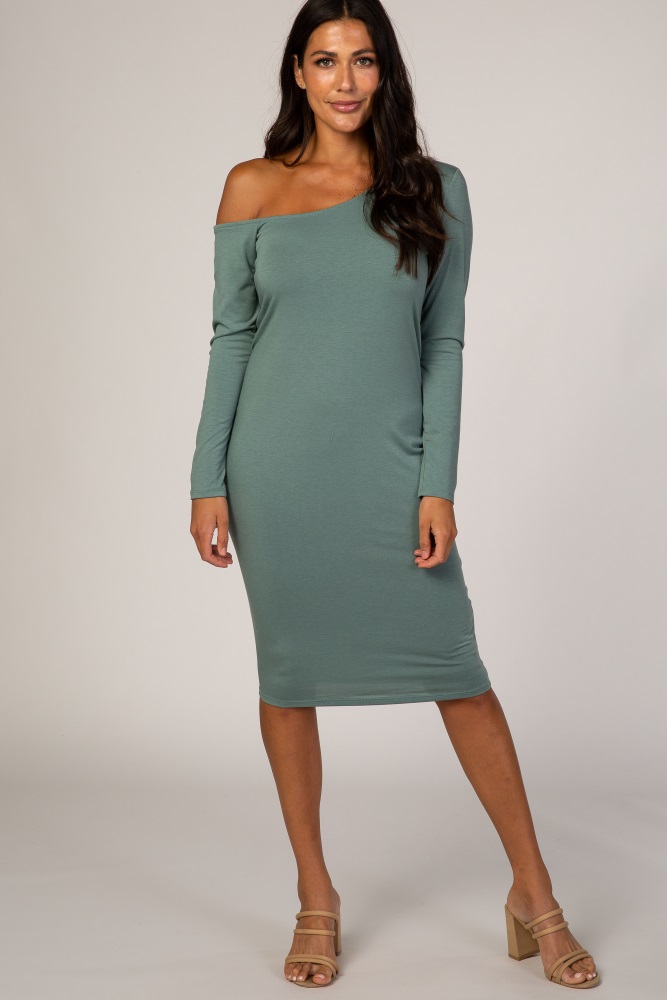 Pinkblush Dusty Green One Shoulder Fitted Midi Dress