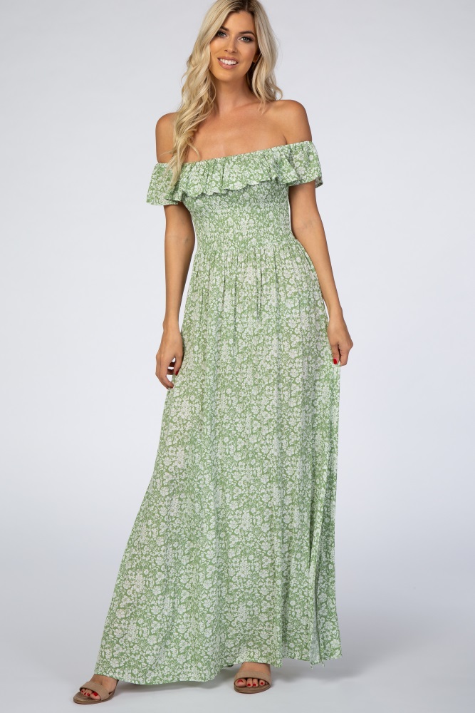 green floral ruffle off shoulder maxi dress