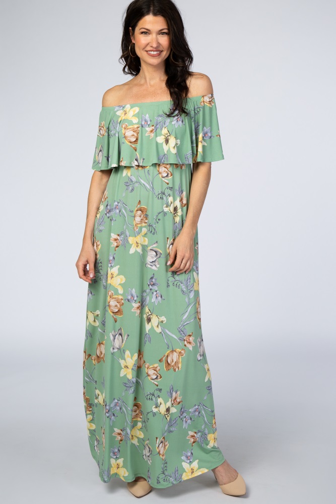 sage floral off shoulder maxi dress