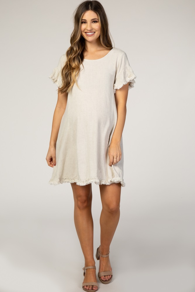 beige fringe linen maternity dress