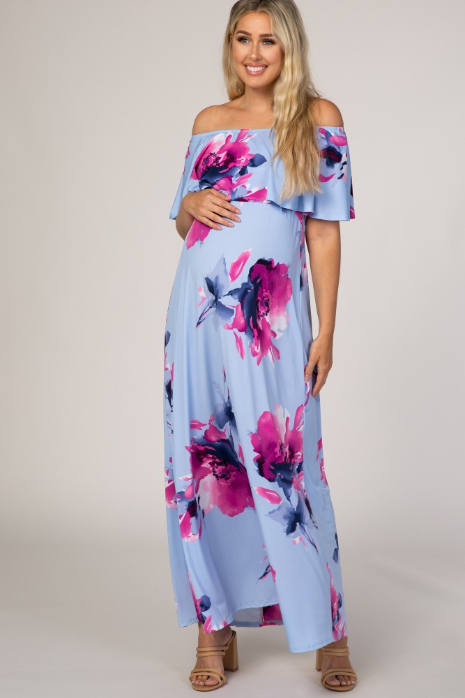 light blue floral off shoulder maternity maxi dress