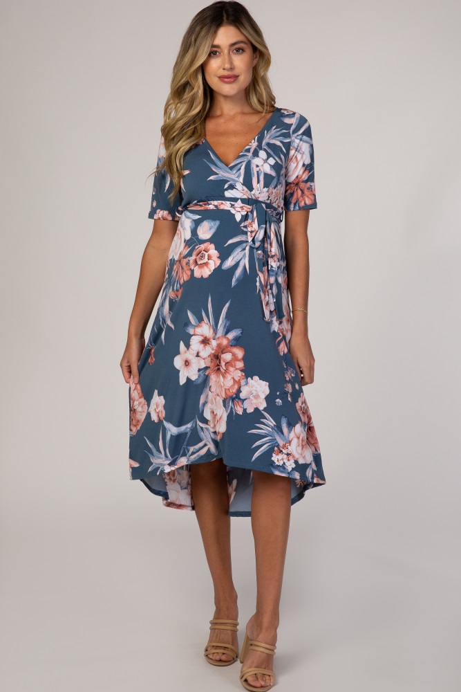 blue floral draped hi-low maternity dress