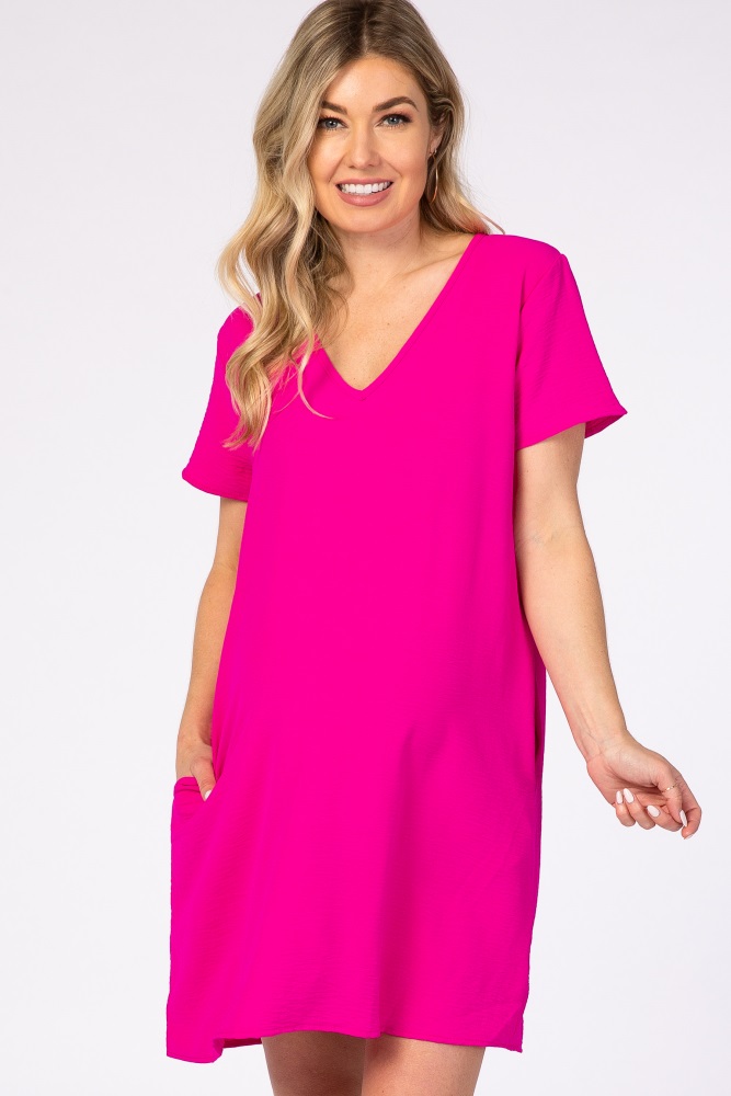 pink v-neck short sleeve maternity dress