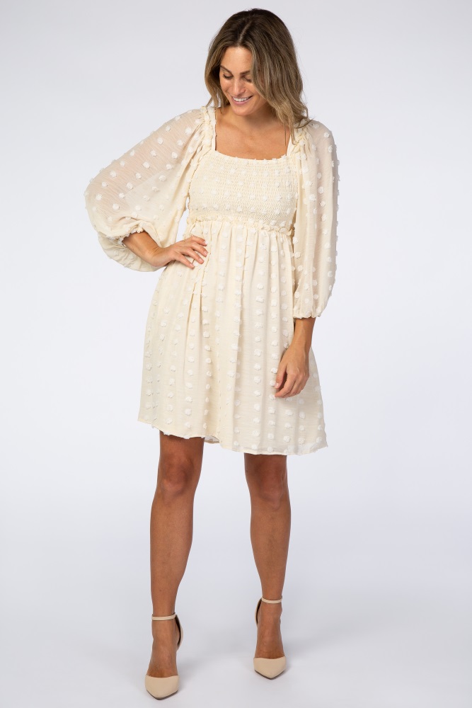 beige textured dot smocked square neck chiffon dress