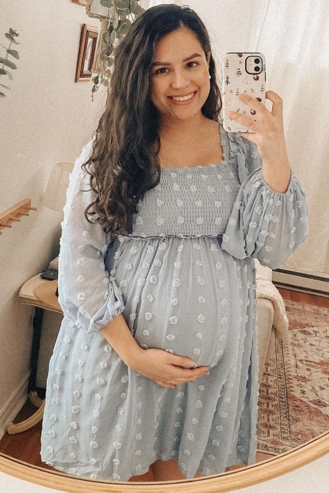 Light Blue Textured Dot Smocked Square Neck Chiffon Maternity