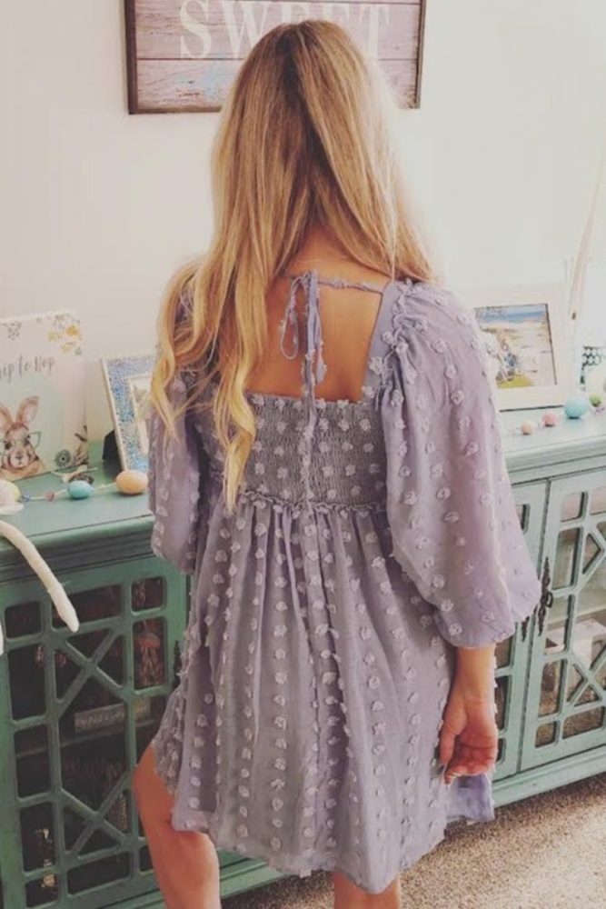 Light Blue Textured Dot Smocked Square Neck Chiffon Dress – PinkBlush
