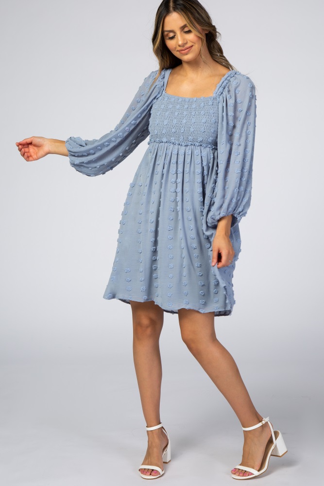 light blue textured dot smocked square neck chiffon dress