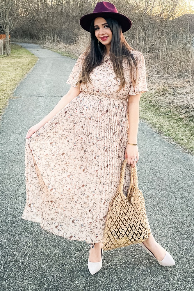 blush floral pleated ruffle midi dress Pink Floral Pleated Midi Dress  PinkBlush