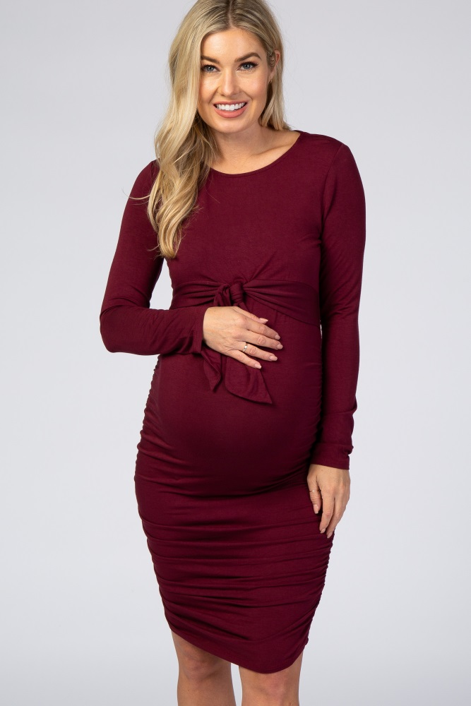 burgundy ruched fitted front bow maternity/nursing dress