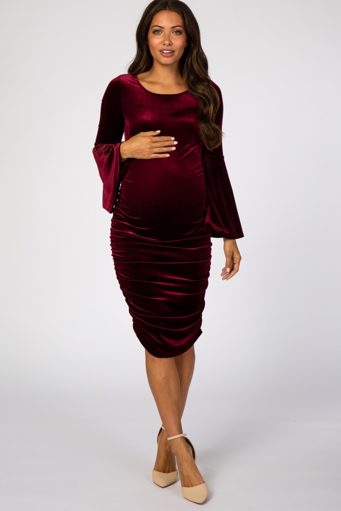 burgundy velvet ruched bell sleeve maternity dress