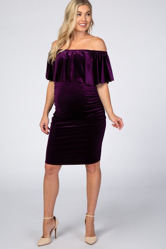 purple velvet off shoulder fitted maternity dress