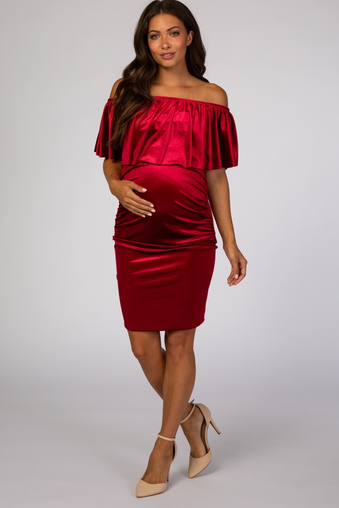 red velvet off shoulder fitted maternity dress